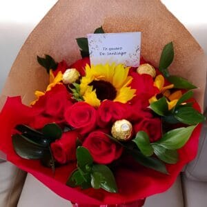 Bouquet de 18 rosas, girasol y 3 ferrero R48
